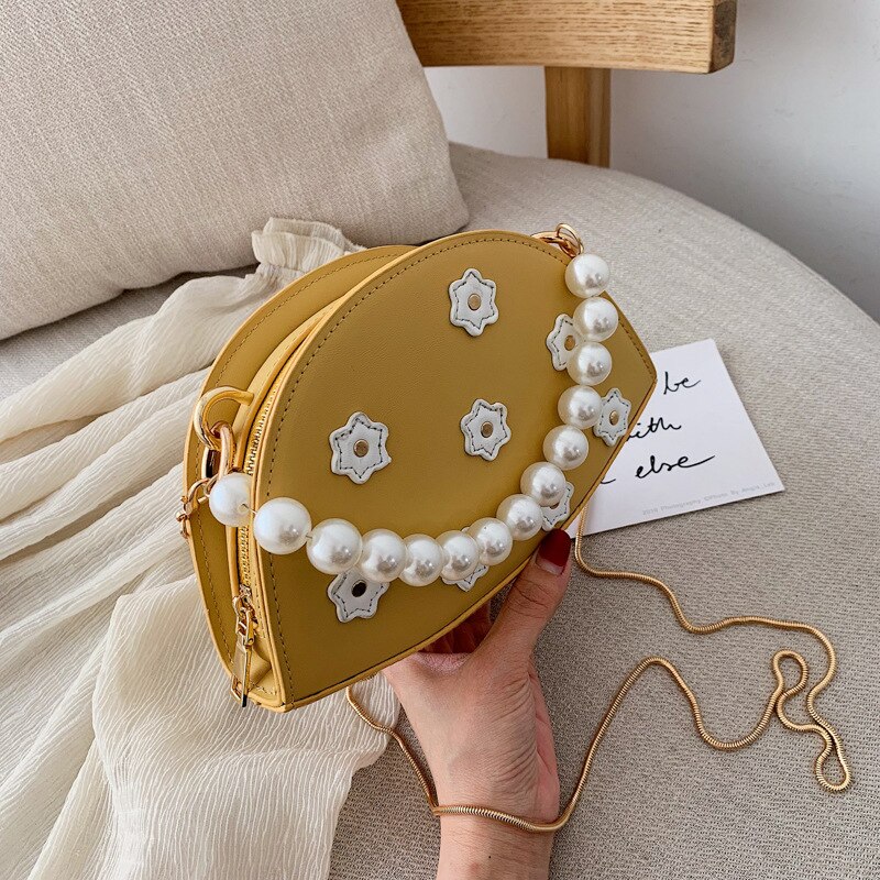 Pu Lederen Bloem Patchwork Tas Solid Casual Zoete Parel Handtas Met Ketting Vrouwen Portemonnee Schoudertas Party Pouch
