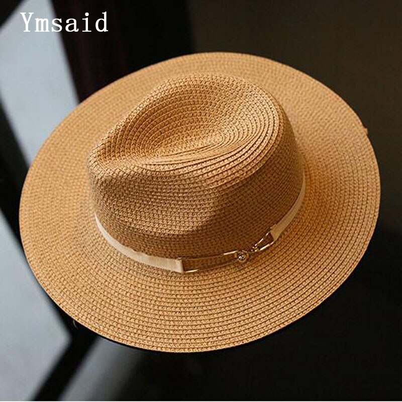 Sommer sol hat damer bred rand metal bælte halm hatte panama cap kvinder ensfarvet hat
