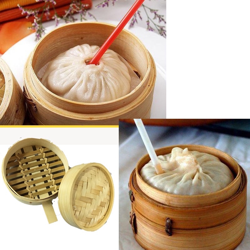 2pc Mini vaporera de bambú cesta con tapa 3,5 pulgadas para la sopa de carne buñuelos dim sum vegetales vapor cocinar herramientas vaporera bambu