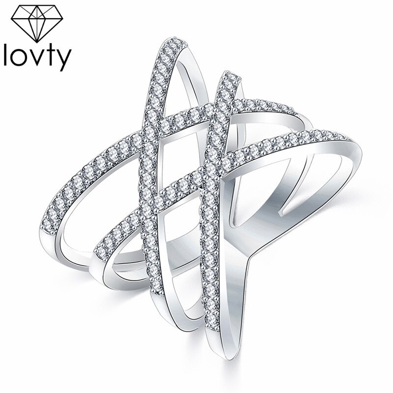 Lovty Mode Ringen Double Cross X Vorm Ring Rose Goud/Zilver Kleur Zirconia Ring Sieraden voor Vrouwen Valentijn dag: 9 / SILVER