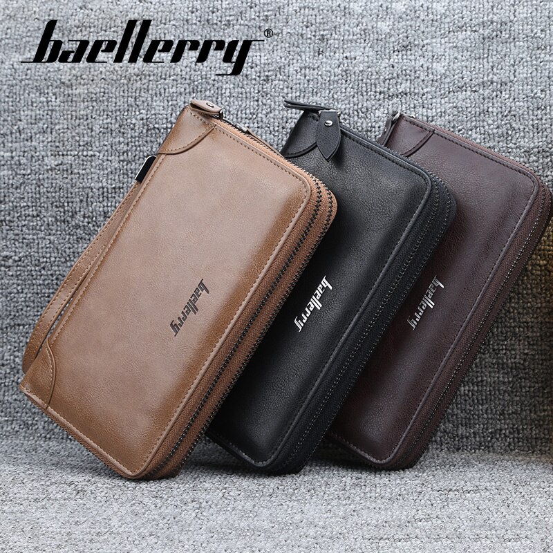 Baellery Long Wallet Men Double Zipper Coin Pocket Purse Men Wallets Casual Business Card Holder Vintage Large Wallet