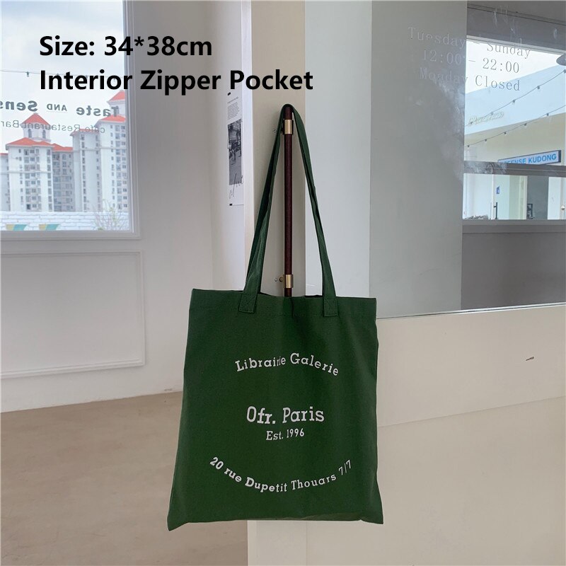 Bolsa de ombro de lona feminina paris letras impressão sacola de compras eco algodão linho shopper sacos de tecido de pano bolsa tote para meninas: Ofr Green