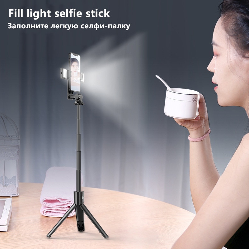 Bluetooth Selfie Stok Met Licht Makeup Vullen Licht Uitschuifbare Handheld Monopod Draagbare Opvouwbare Selfie Stok Statief Voor Telefoon