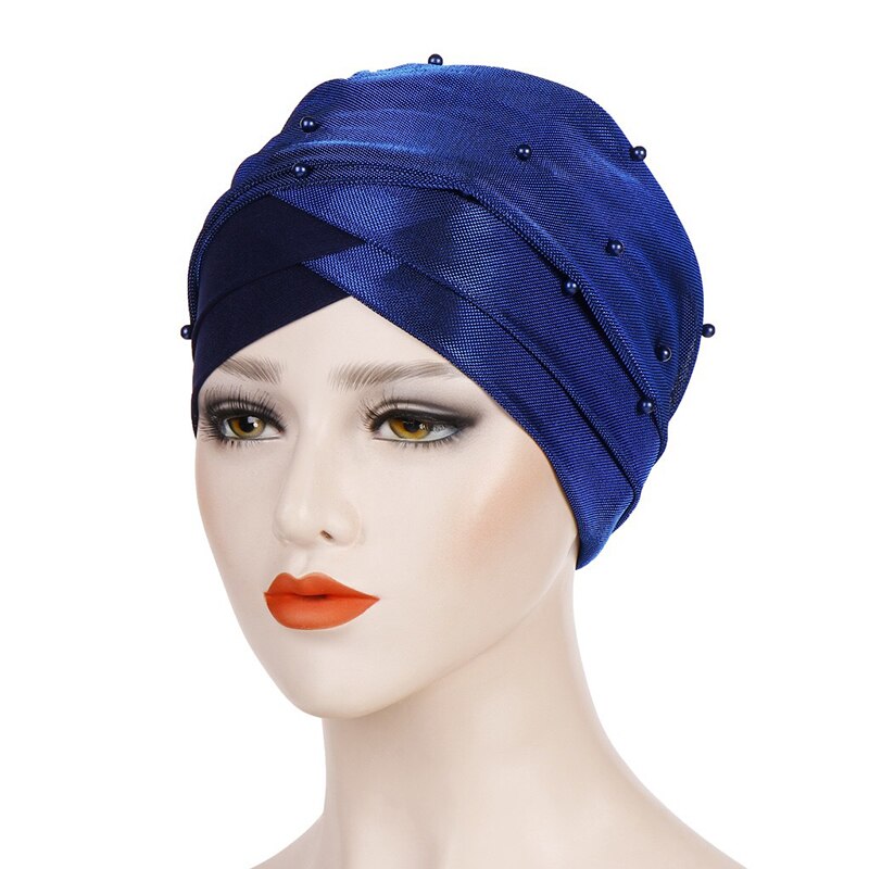 Shiny Pearl Head Scarf for muslim women turban bonnet hijab Caps white pearl Inner hijabs femme musulman arab wrap turbantes: Royal Blue