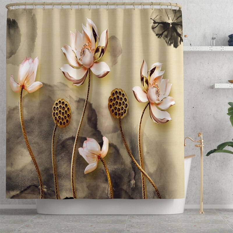 Tapete do banheiro tapete de banho floral com cortina de chuveiro conjunto flanela toalete capa de assento tapete de banho de absorção de água tapetes do banheiro: Shower curtain-699