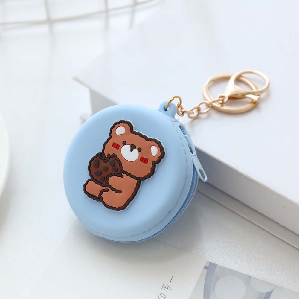 Kawaii Coin Purse Silicone Wallet Headset Bag Cartoon Animal Round Change Pouch Bag Keychain Lovely Cute Kid: blue-B1