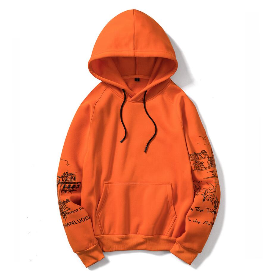 EU Size Schets Print Oranje Hoodies mannen Dikker Kleding Winter Sweatshirts Mannen Hip Hop Streetwear Effen Fleece Man Hoody