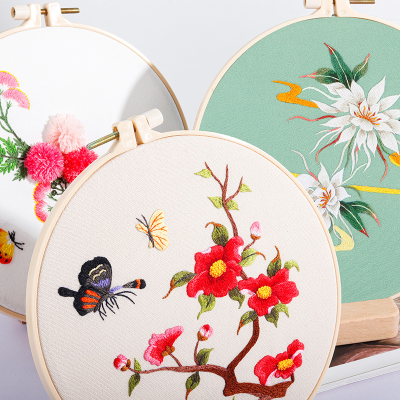 Chinese DIY Embroidery Art Kit Flower Pattern Printed Needlework Cross Stitch Hoop Set Sewing Craft Painting