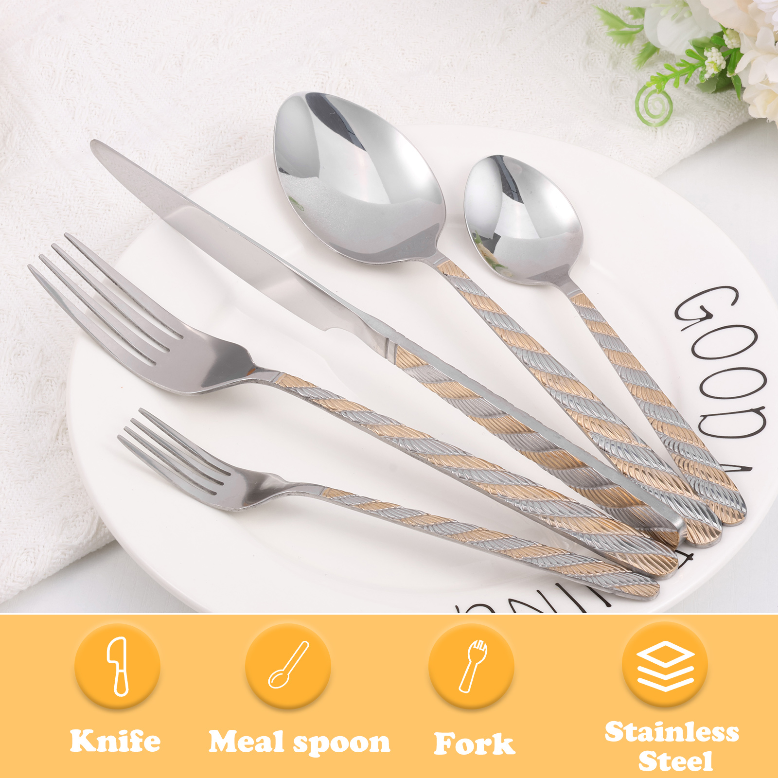 20-teiliges Edelstahl-Messer-Gabel-Löffel-einstellen mit Prägungseilgriff, glatte Oberfläche, Besteck-einstellen für Restaurant, Zuhause, Küche