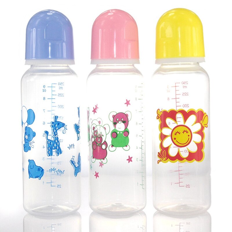 250Ml Cartoon Pasgeboren Baby Fles Baby Kinderen Leren Voeden Drinken Fles Kids Standaard Kaliber Pp Flessen Willekeurige Kleur