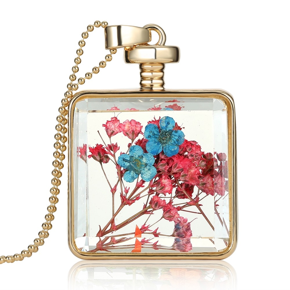 Verklaring Collier Voor Vrouwen Originele Glas Diy Natuurlijke Gedroogde Bloemen Kettingen Vierkante Hanger Ketting Mode