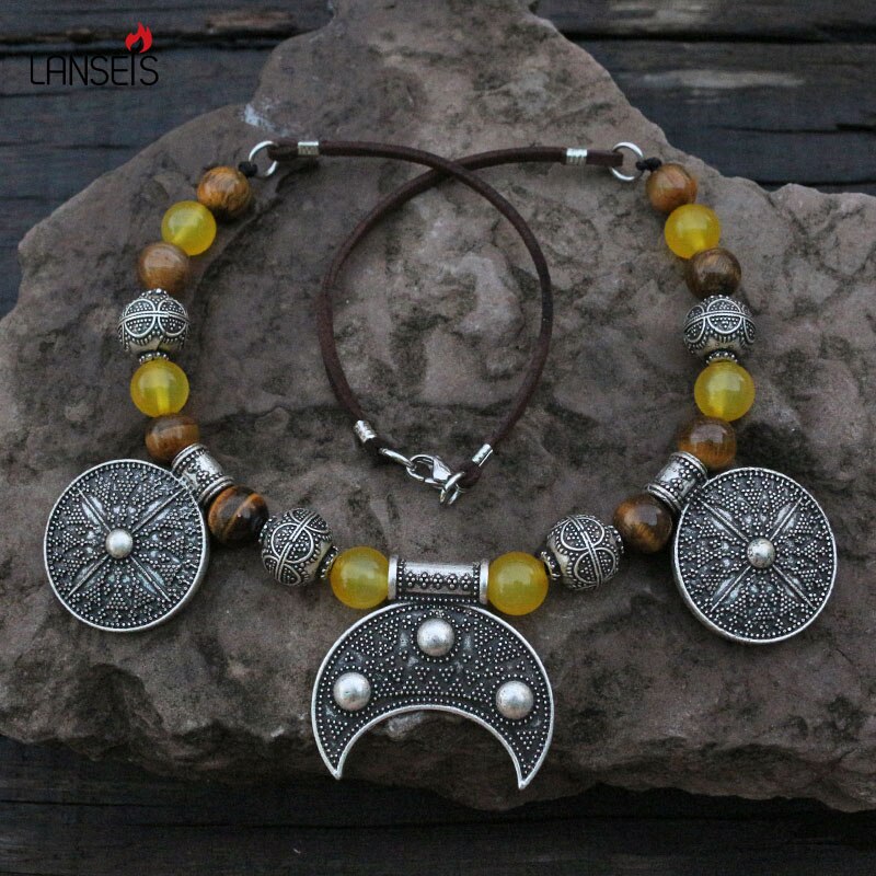 Tiger's Eye & Calcedonia rígida Lunula colgante, inspiración eslavo Viking Age Dress Kette collar broche joyería para Charm Mujer