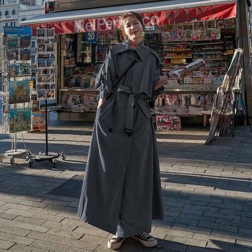 Overdimensioneret x-lang kvinders løs trenchcoat koreansk stil dobbeltbæltet bælte dame kappe vindjakke efterår vinter overtøj: Mørkegrå / L