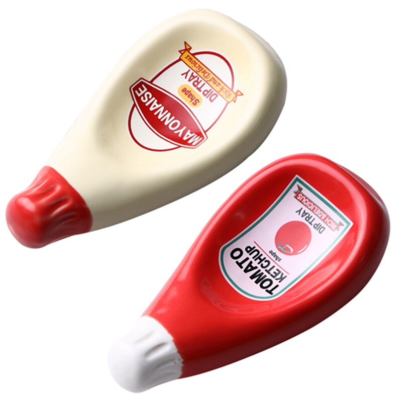 2 Pcs Ceramic Tomato Sauce Bottle Shape Dish Soy Sauce Plate Ketchup Mayonnaise Mustard Seasoning Dish S, Beige &amp; Red: Default Title
