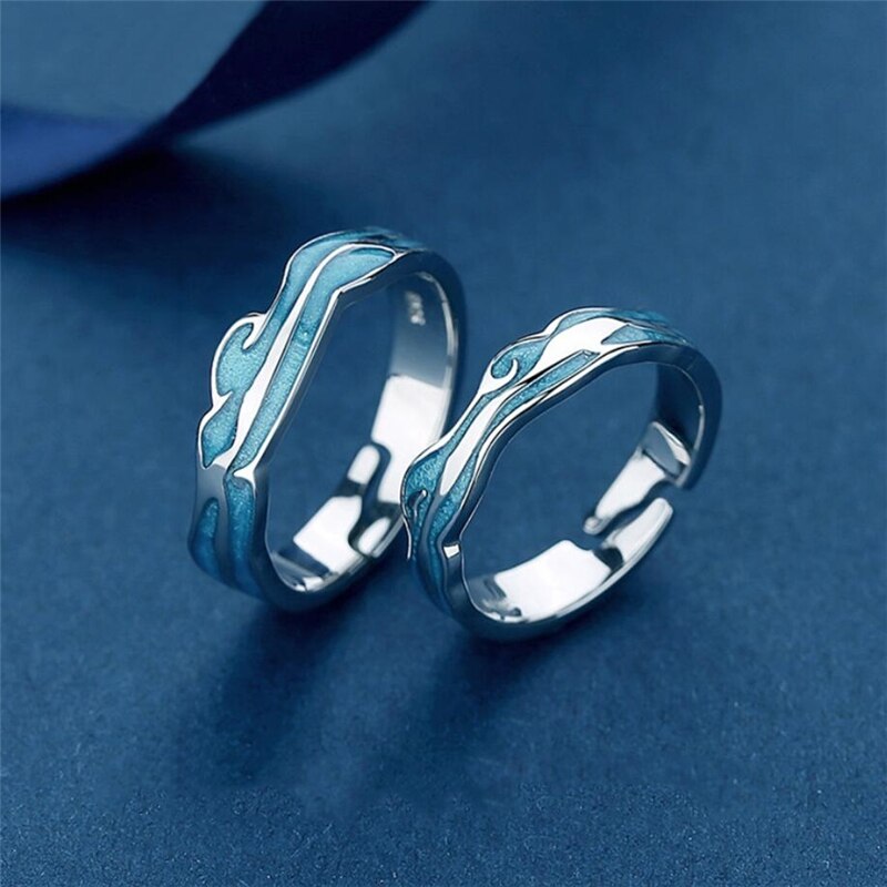 Sole Memory Blue Glaze Wave Couple Ring Sweet Romantic 925 Sterling Silver Female Resizable Opening Rings SRI454