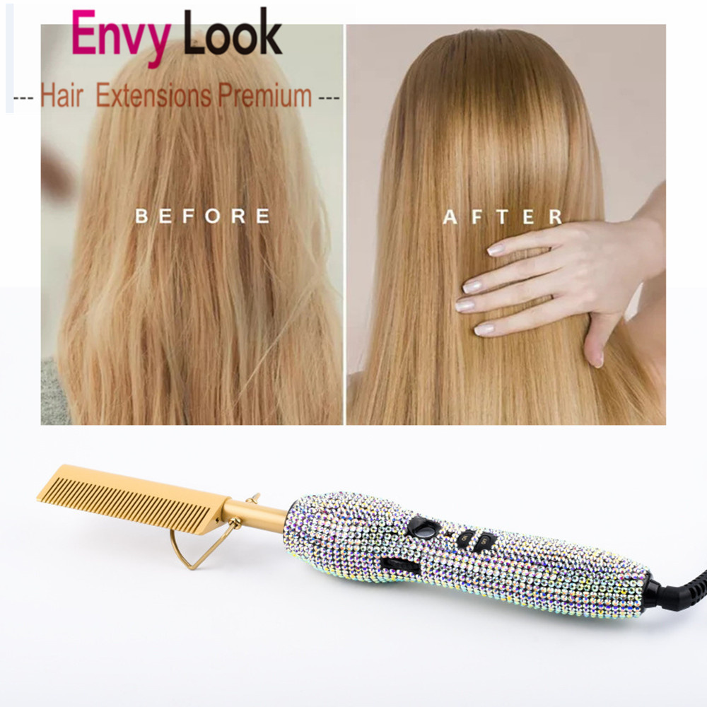 Crystal Electric Comb Hair Extension Straighter Color High Heat Flat Irons Straight Brush Wet Curl Dry Use For Black Women