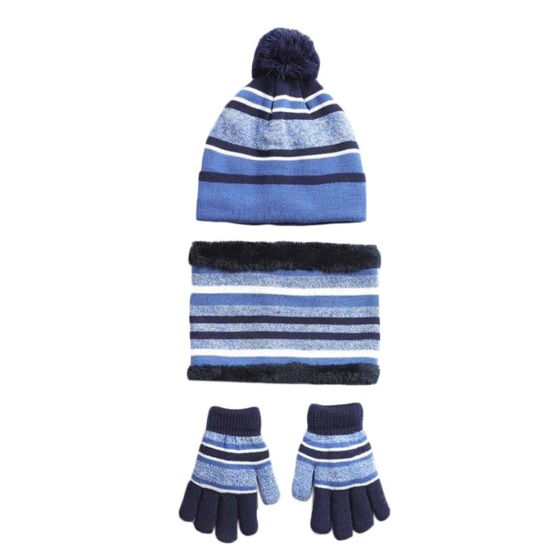 Bonnet, chapeau, écharpe, gants, ensemble de 3 pièces, tricot d'hiver pour enfants, couleur contrastée, rayé, peluche épaisse doublée, pompon, tête de mort: BL