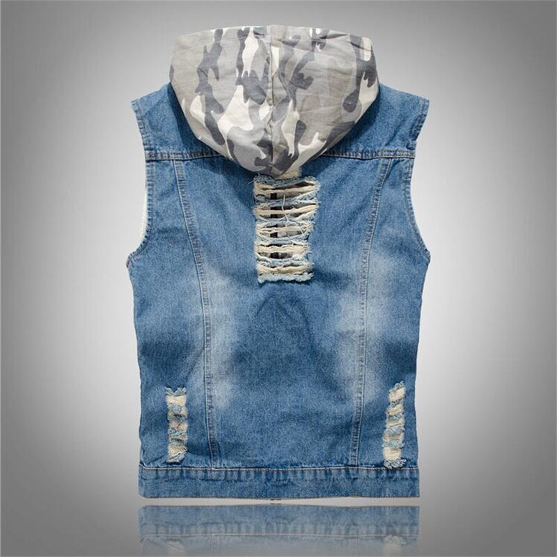 Lente Herfst mannen Denim Vest Casual Jeans Hooded Jassen Camouflage Ripped Mouwloze Jassen Vest Colete Masculino