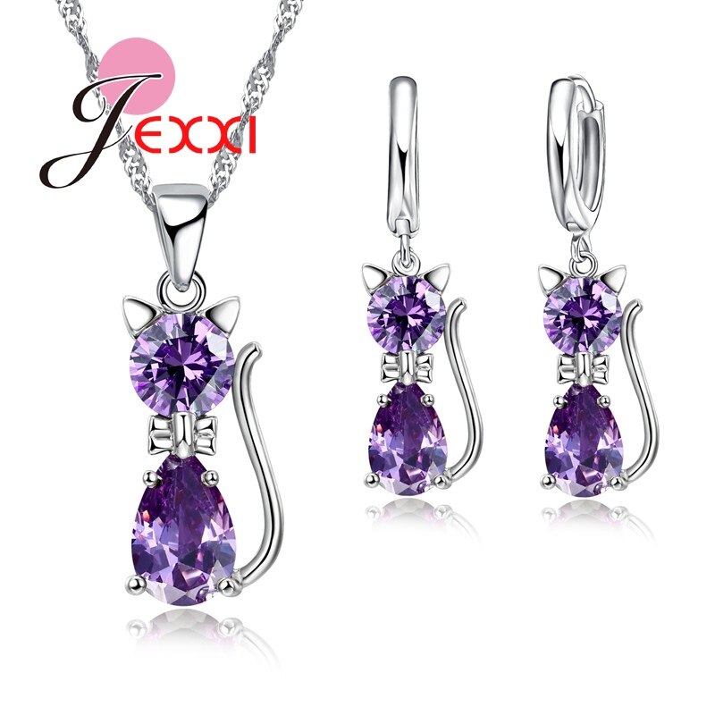 Conjunto de joias para gato, varejo, romântico, noivado, prata, bonito, colar, brincos com cristal prateado para mulheres: purple