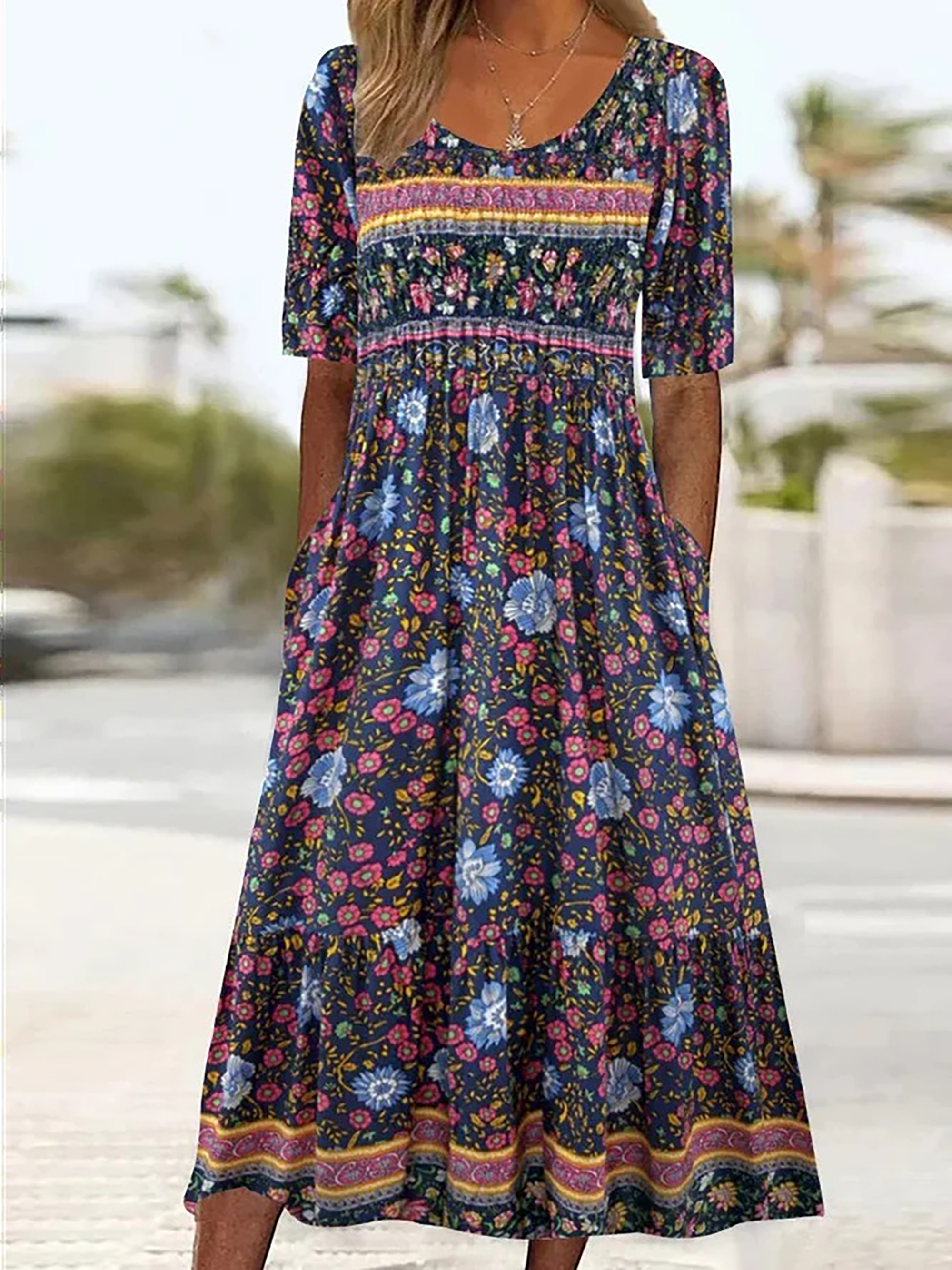 Robe longue style bohémien pour femmes, ample, imprimée, col rond, manches courtes, été 2025: S / Bleu