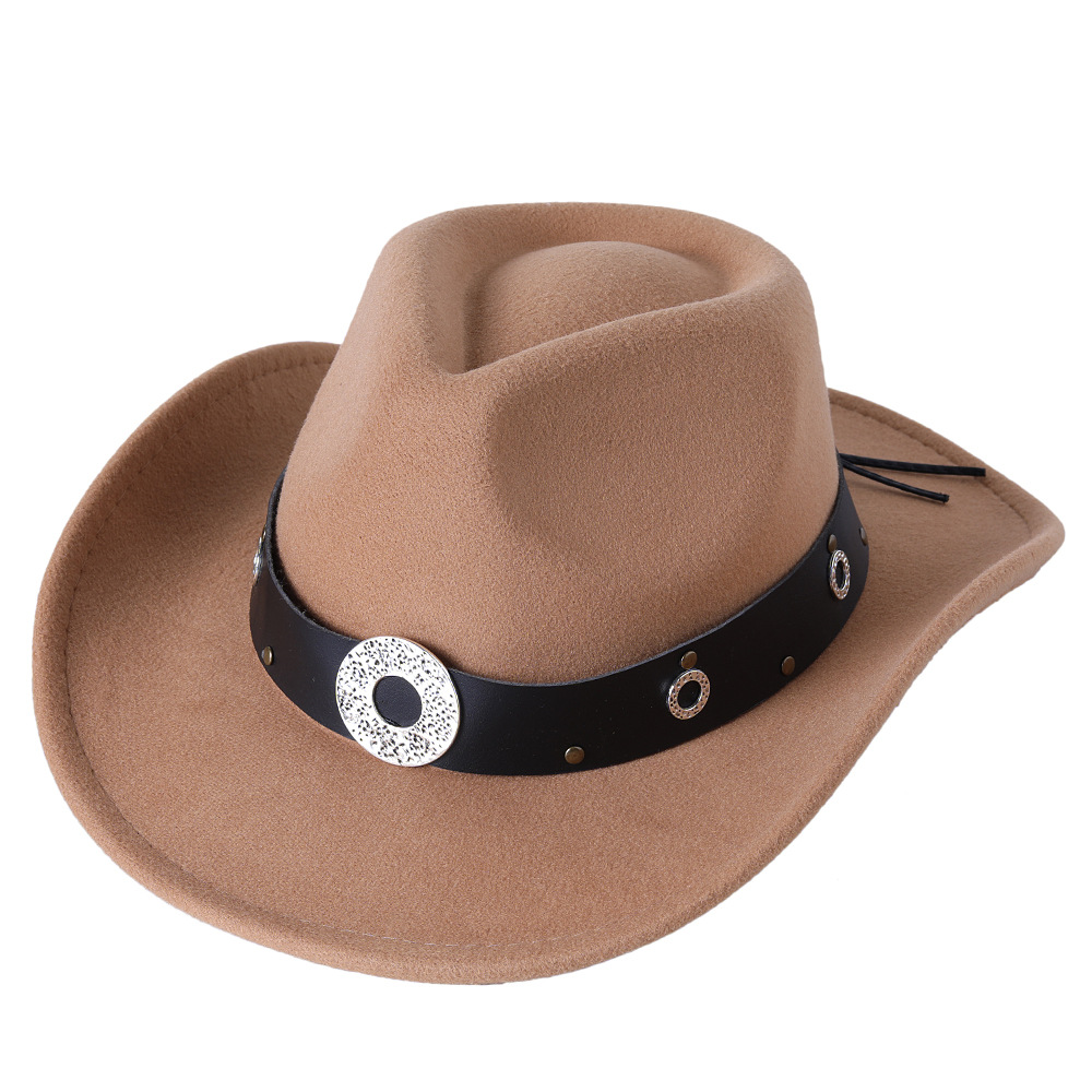 Sombrero de ala ancha con cinturón para hombre y mujer, gorro cálido de Jazz, Color sólido, para invierno y otoño: Camello