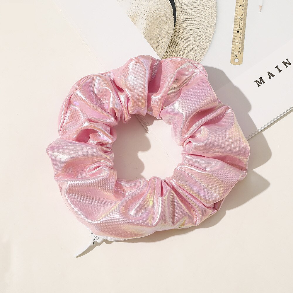PU Scrunchies pack with zipper VSCO girl things shinny hair tie for women's hair accessories hair ornaments elastic rubber bands: Army Green