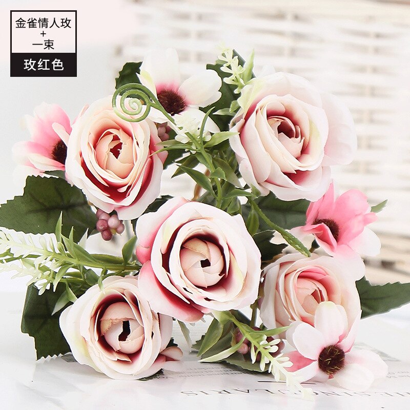 3 stk 1 haug  of 5 kunstige blomster brud som skal roser bryllup halloween fest bursdag hage hjem dekorasjon tilbehør krans: 1 rose rød