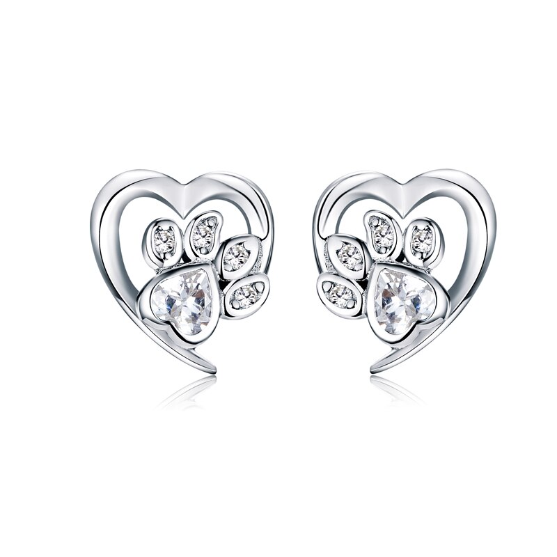 WOSTU 925 Sterling Silver Paw Dog Footprint Heart Stud Earrings For Women Stylish Zircon Lovely Small Earrings Jewelry CQE654-WH: CQE654-WH