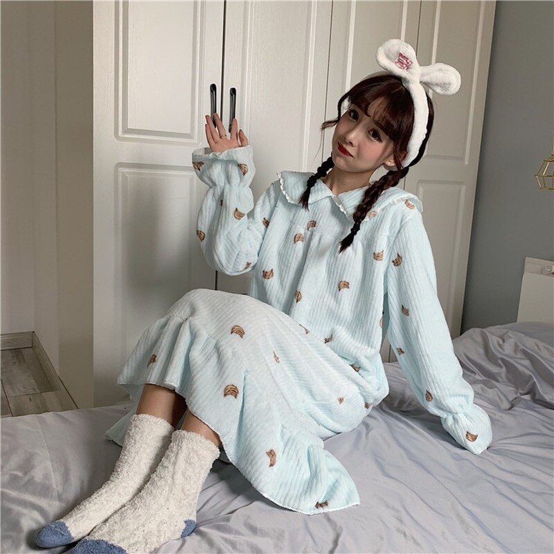 Camisones estampados Kawaii para mujer, ropa para casa suave de terciopelo Coral con volantes, holgados e informales de princesa, para Otoño e Invierno