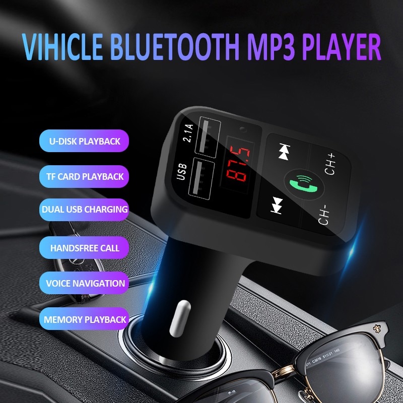 Handsfree transmisor fm bluetooth bilsett fm radiosender bil  mp3 spiller usb lader hurtiglading mobiltelefon modulator