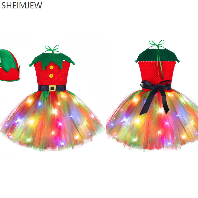 Christmas Elf Cosplay Dress Xmas Red And Green Princess Tutu Led Light Sequin Rainbow Ballet Suits Christmas Birthday Party