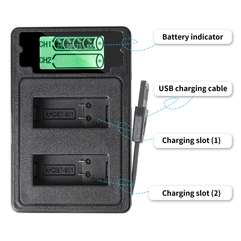 For gopro hero 9 svart tokanals batterilader lcd-skjerm type c ladekabel for gopro 9 tilbehør