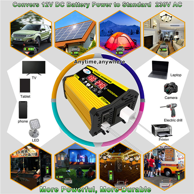Onduleur 6000W/4000W DC 12V à AC 110V 220V, convertisseur de tension adapté aux tablettes mobiles du matin, panneaux solaires, mini alimentation de voiture