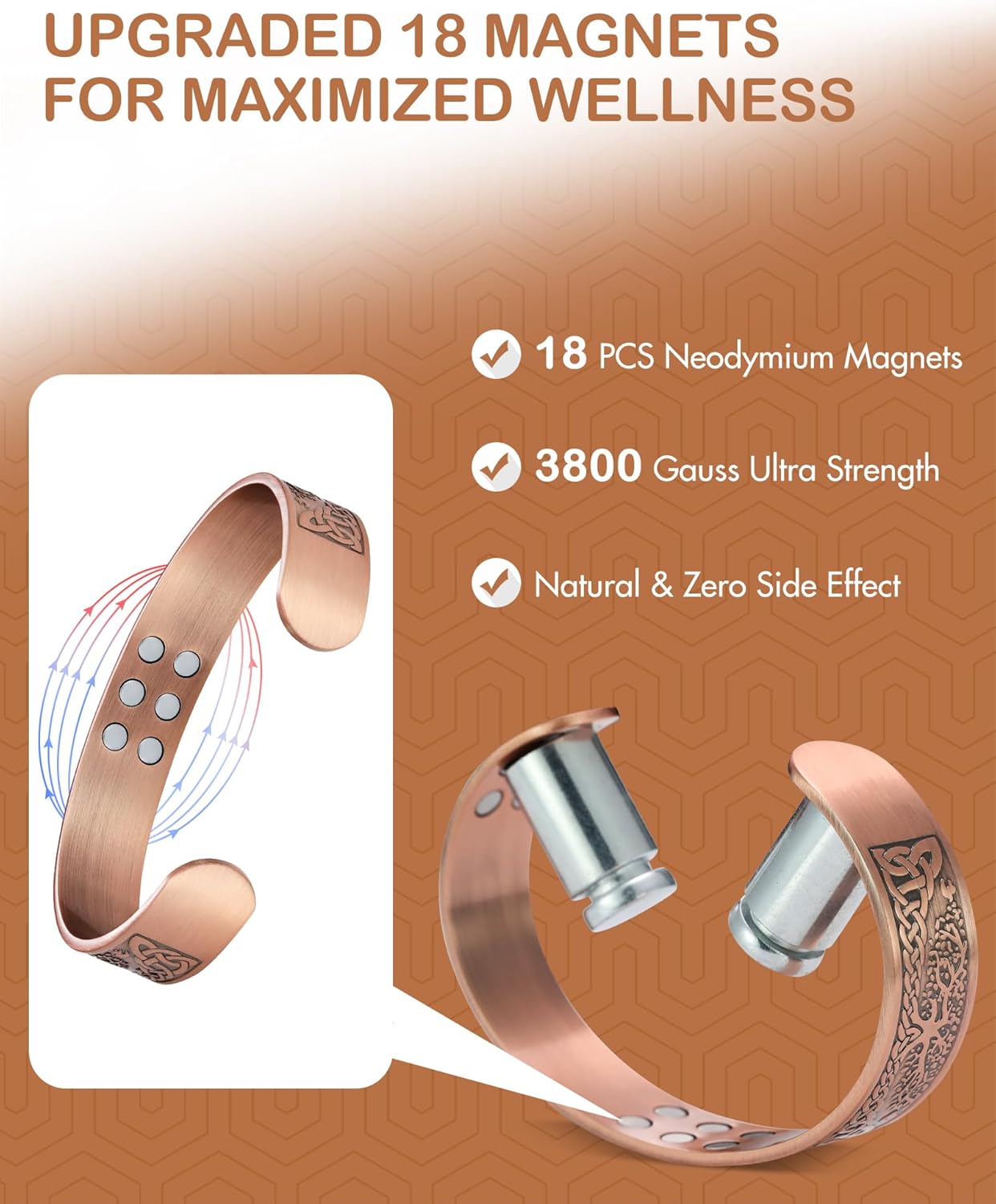 Aradoo pulseiras magnéticas de cobre para homens e mulheres com ímãs de neodímio árvore da vida pulseira de cobre puro joia presente