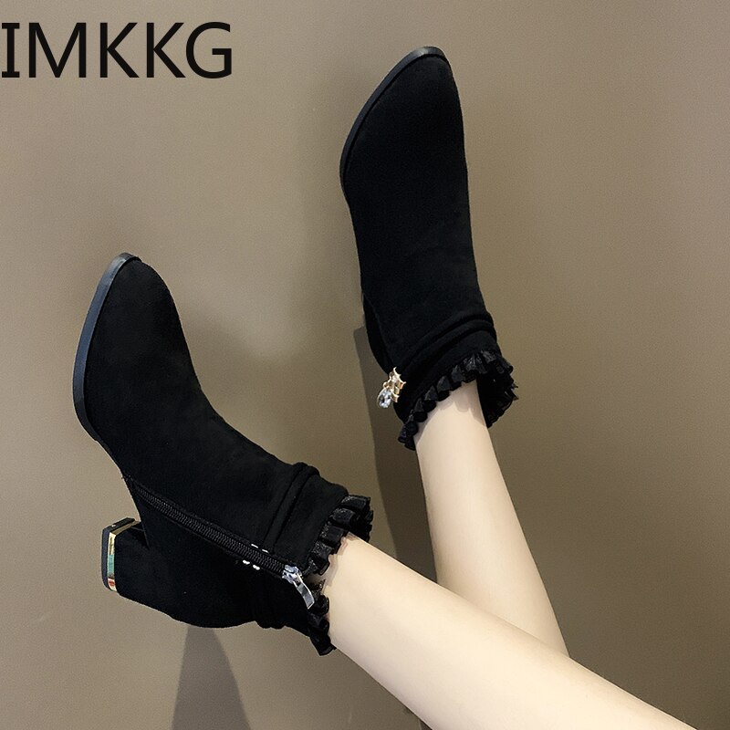 Bottines en dentelle à volants pour femme, chaussures courtes de soirée, élégantes, à talons hauts, Style anglais, chaudes, hiver