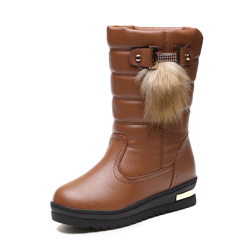 Damskie buty zimowe, damskie wysokie buty, zdobione cyrkoniami, ciepłe futrzane skórzane buty robić połowy łydki, damskie buty na platformie: Brązowy / 9