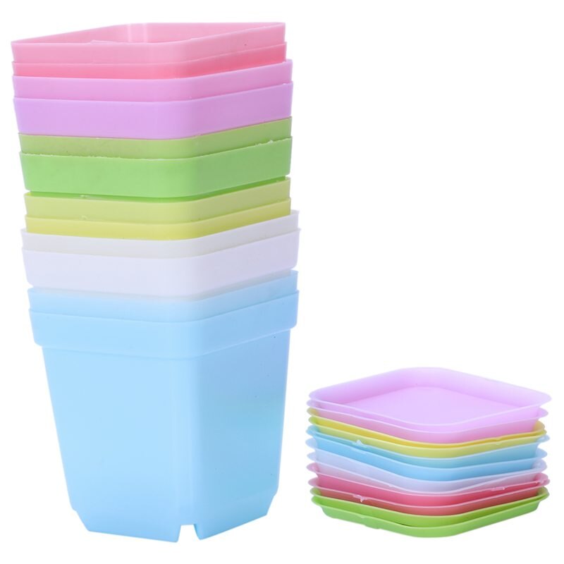 Colorful Plastic Plant Pots with Saucers, Set of 12: Default Title