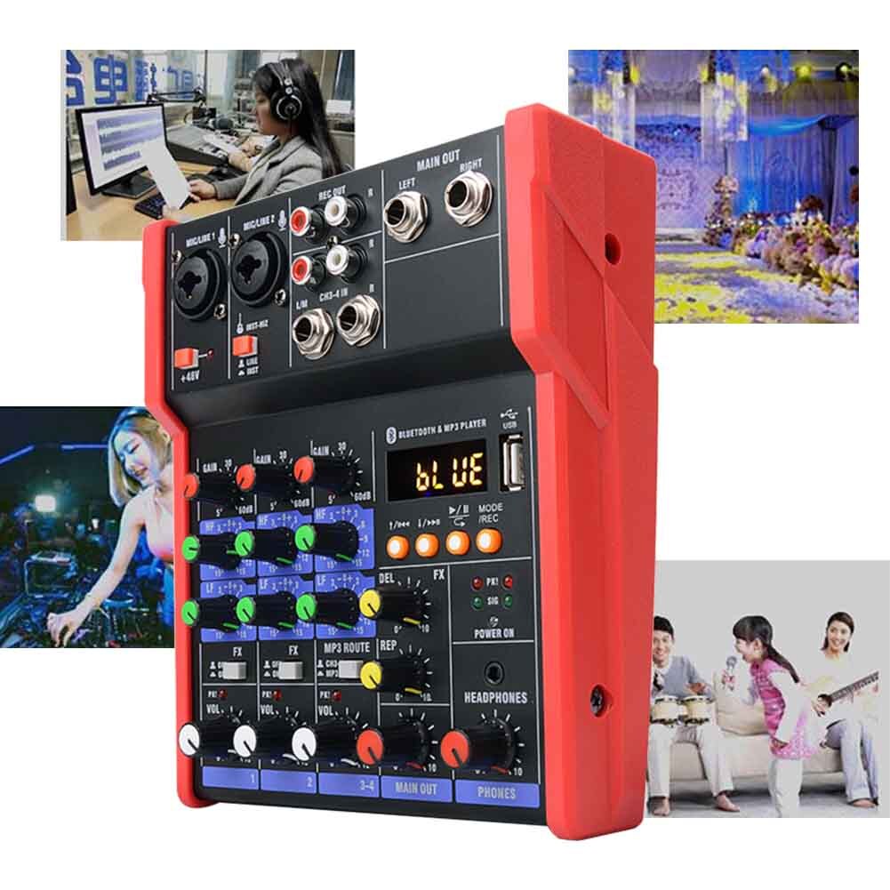 4 Channels Sound Card DJ Console Stereo Mini Audio Mixer Karaoke Music Home Protable USB 5V Bluetooth Live Performance Studio