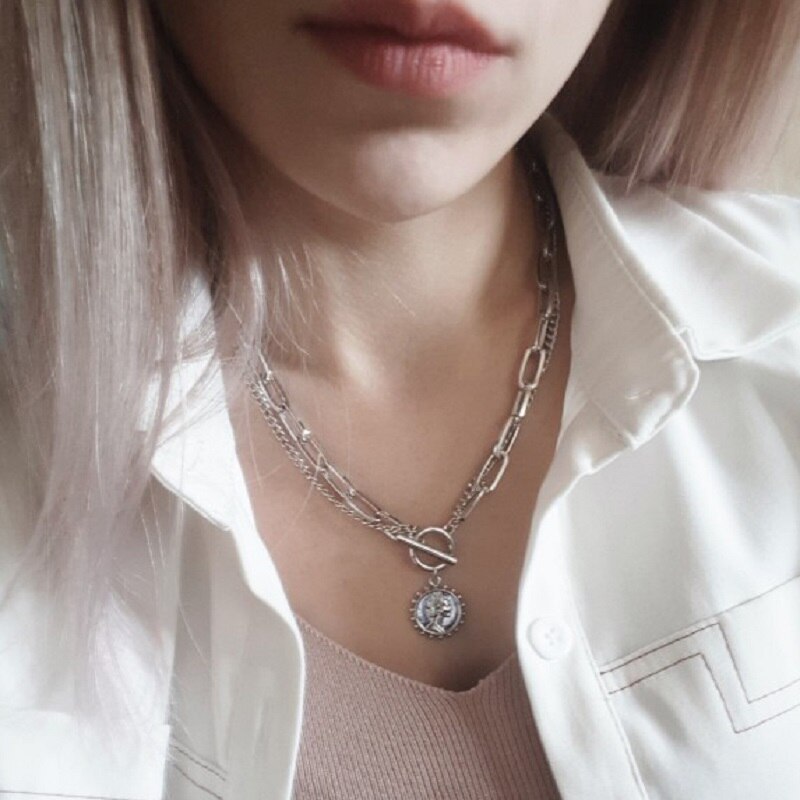 Hip Pop Punk Multi Gelaagde Lock Hanger Ketting Voor Vrouwen Mannen Zilveren Kleur Kruis Hanger Charms Ketting Lange Kettingen Sieraden: OV5285402