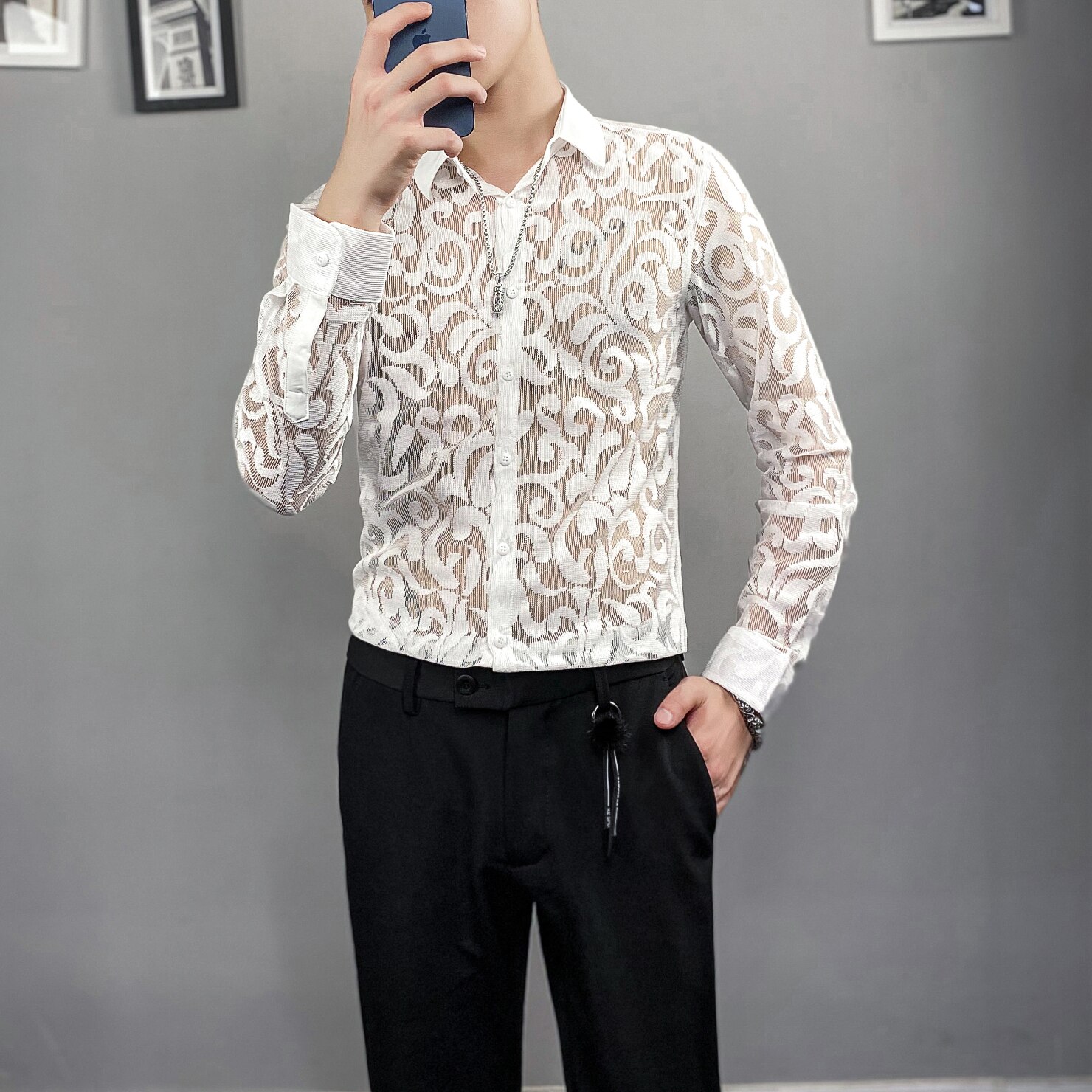 Autumn Sexy Transparent Lace Shirt Men Clothing 2022 Simple All Match Slim Fit Long Sleeve Club/Prom Tuxedo Chemise Homme: white / Asian L 52-60KG