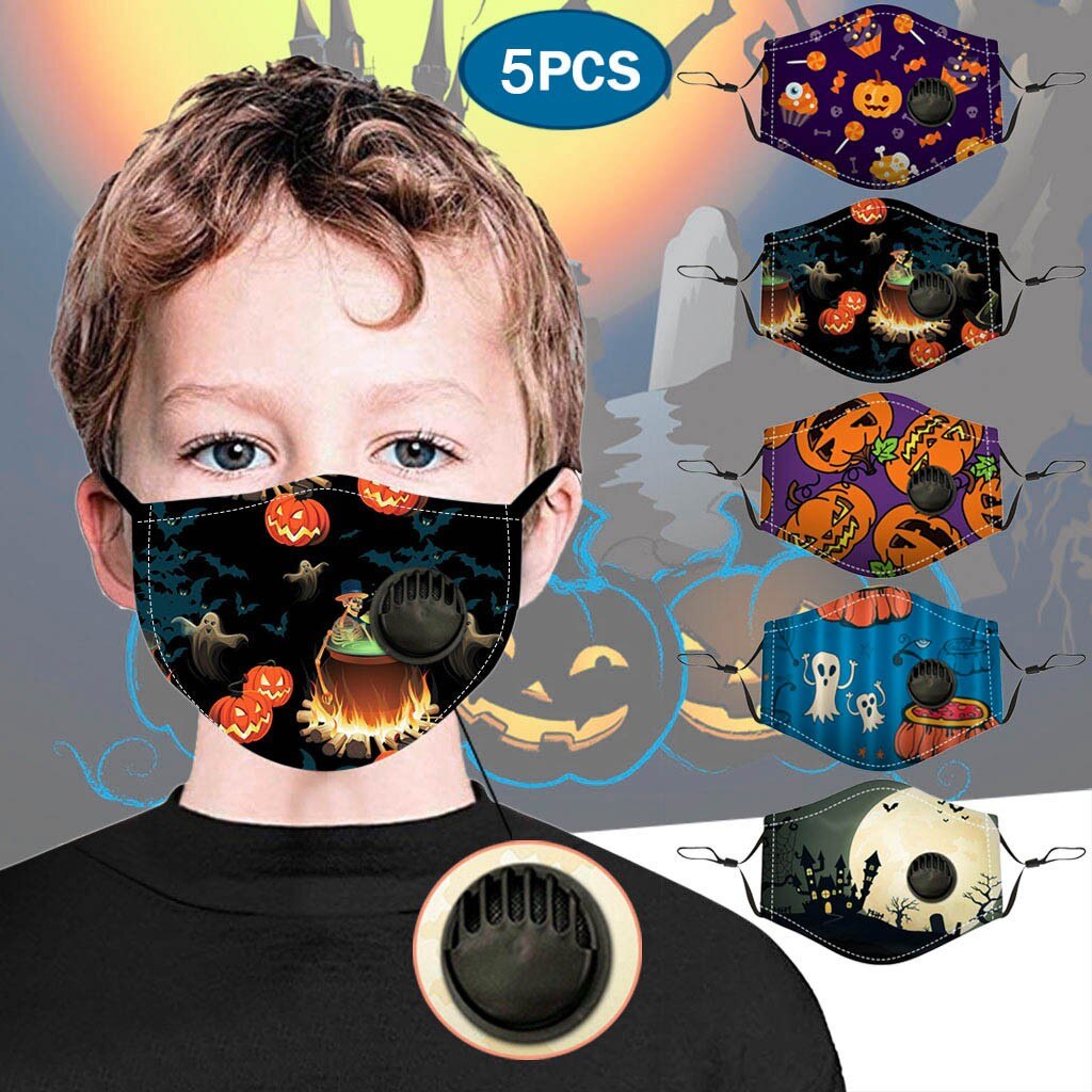 5Pcs Halloween Kinderen Bescherm Masker Met Breather Herbruikbare Masker Ademend Masker Herbruikbare Mond Caps Doek Gezicht