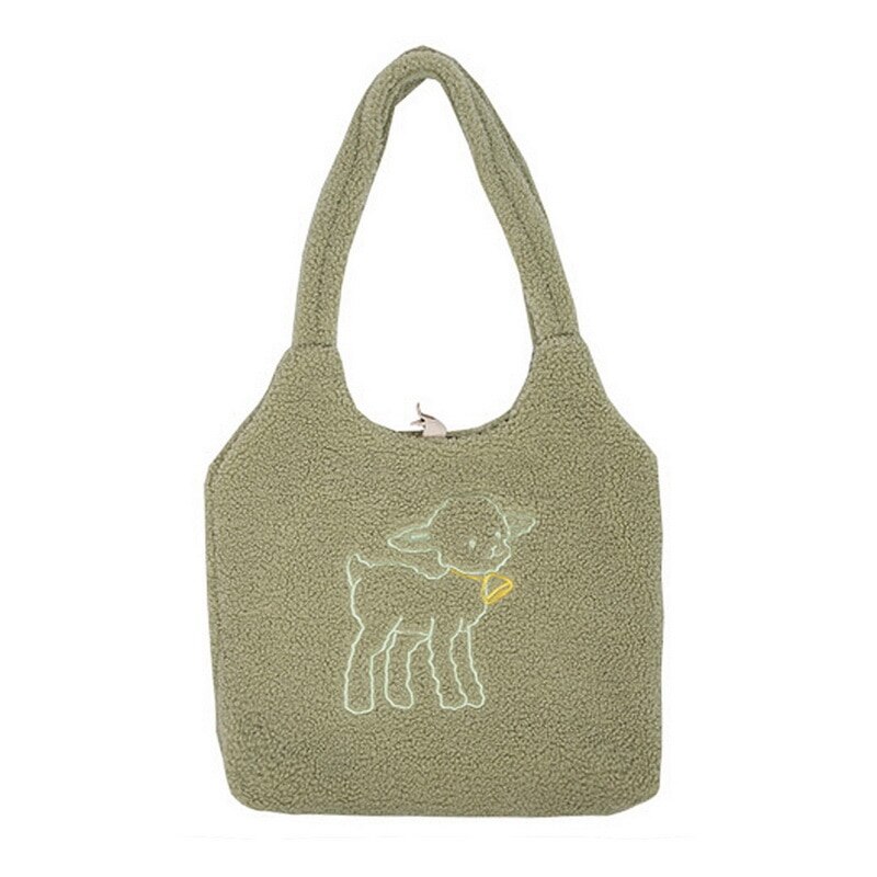 Vrouwen Kawaii Lam Stof Schoudertas Handtas Tote Grote Capaciteit Borduurwerk Shopper Tassen Leuke Tas Voor Meisjes Nieuw: Green-A