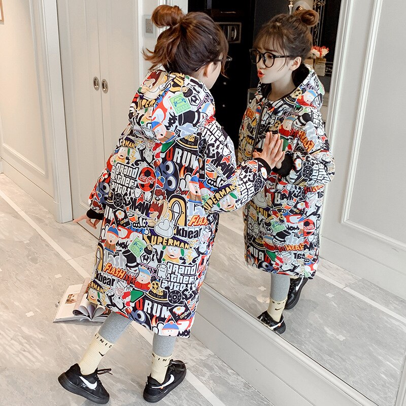 Mädchen Baumwolle Gefütterte Jacke Winter freundlicher doppelt Seite Tragen Lange Verdickt Mäntel freundlicher Mit Kapuze Graffiti Parkas Outwear: 10T