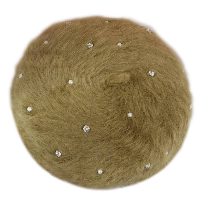 Vrouwen winter zachte pluche baret pet met strass parel kralen schilder muts  j78e: Groente