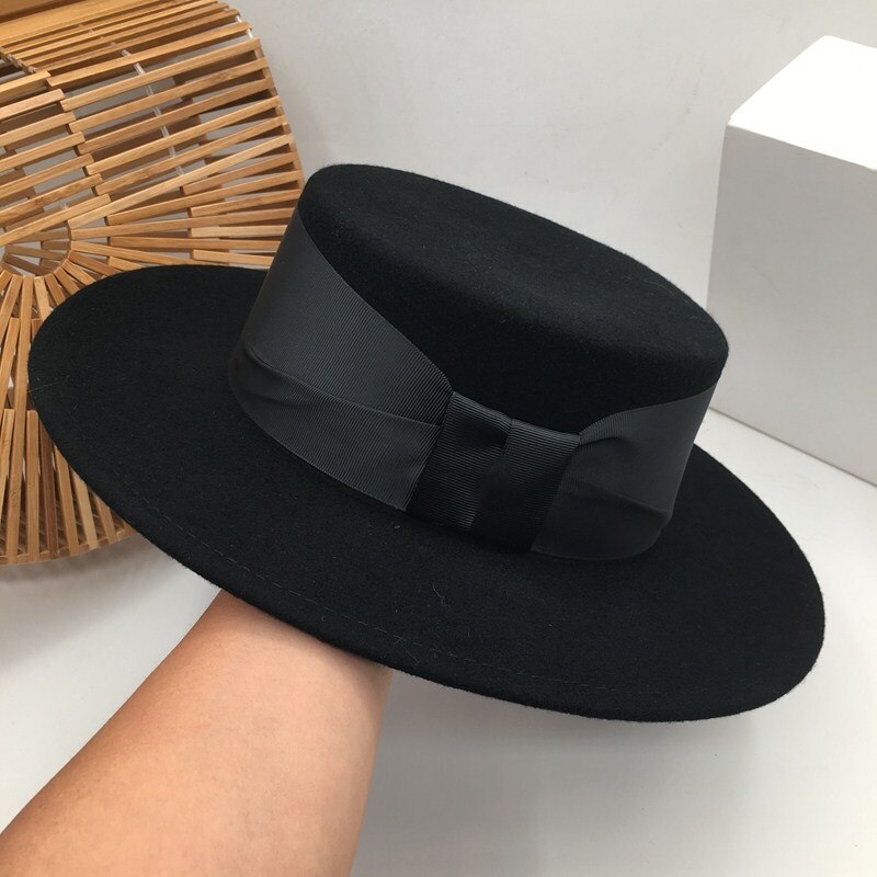 In Europe and the British flat top hat black wool hat Sir hat Fedora Panama: Black / M57cm