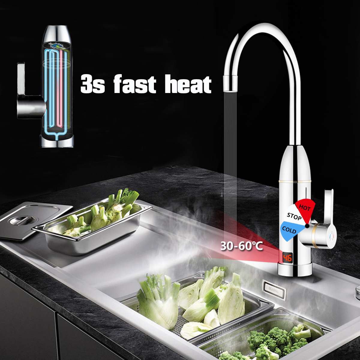 3000W 220V Kitchen Instant Heating Faucet Heater Cold Dual-Use Tankless Water Quickly Heating Tap Shower with LED Display