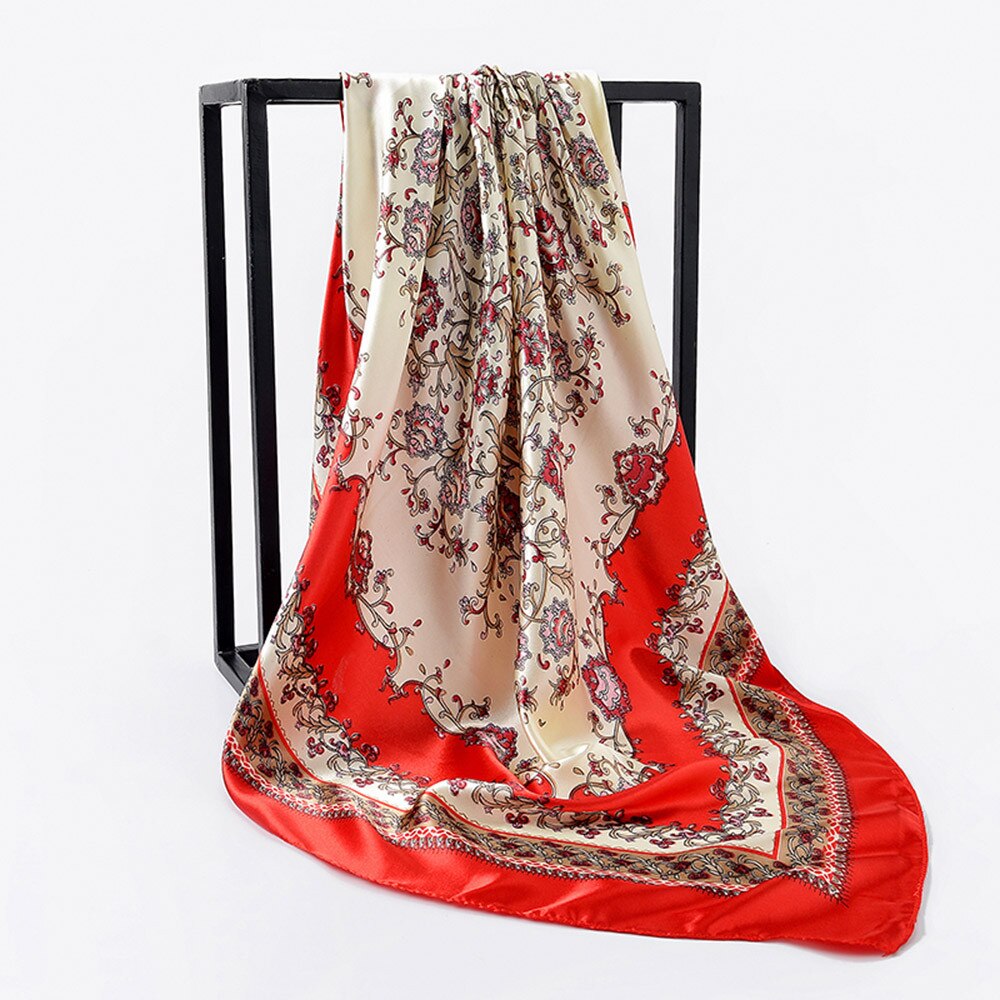 Silk Scarf Women Printing Square Scarf Soft Satin Shawl Female Retro Neck Scarves Kerchief 90X90CM Headscarf