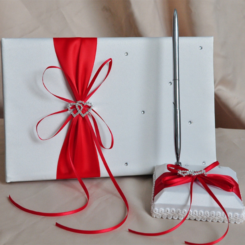Wedding Guest Book With Pen Holder Sets Satin Bows Signature Book With Diamonds Love Shape For Party Decorations-Red+White