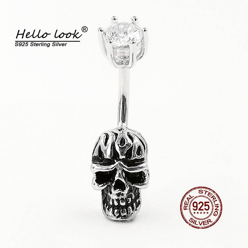 Hellolook 925 Sterling Zilver Belly Button Ring Mode Punk Gothic Schedel Bar Navel Piercing Lichaam Sieraden