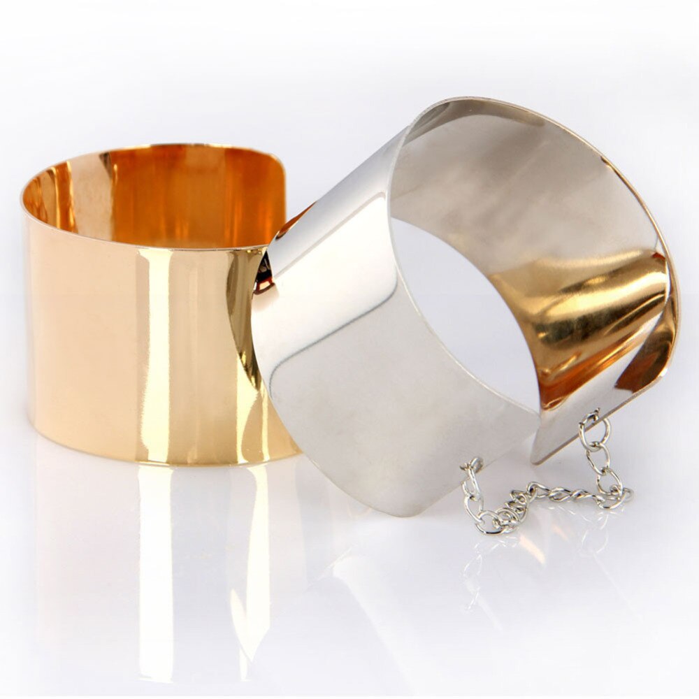 Jewelry Exaggerated Wide Face Punk Wide Flat Bracelet Women Mirror Cuff Retro Big Gold Color Bangles